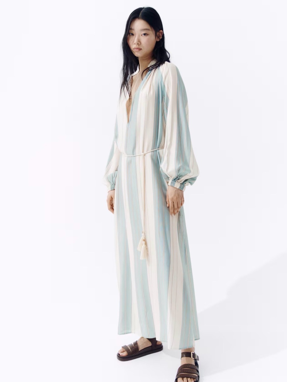 Striped Long-Sleeve Maxi Dress in Soft Blue and Cream